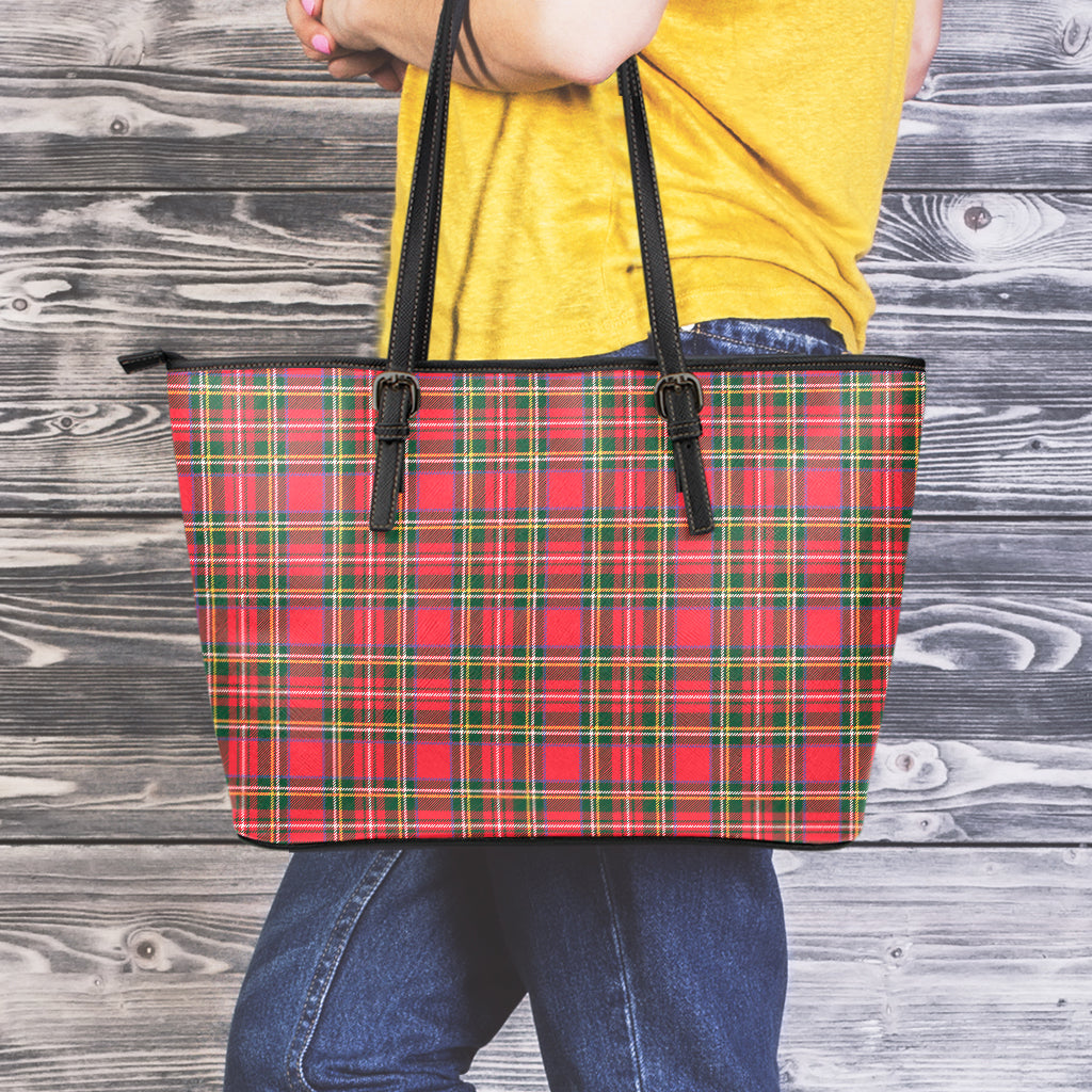 Red And Green Scottish Tartan Print Leather Tote Bag