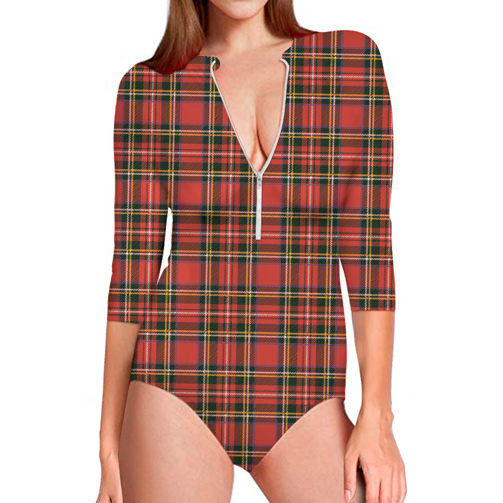 Red And Green Scottish Tartan Print Long Sleeve One Piece Swimsuit