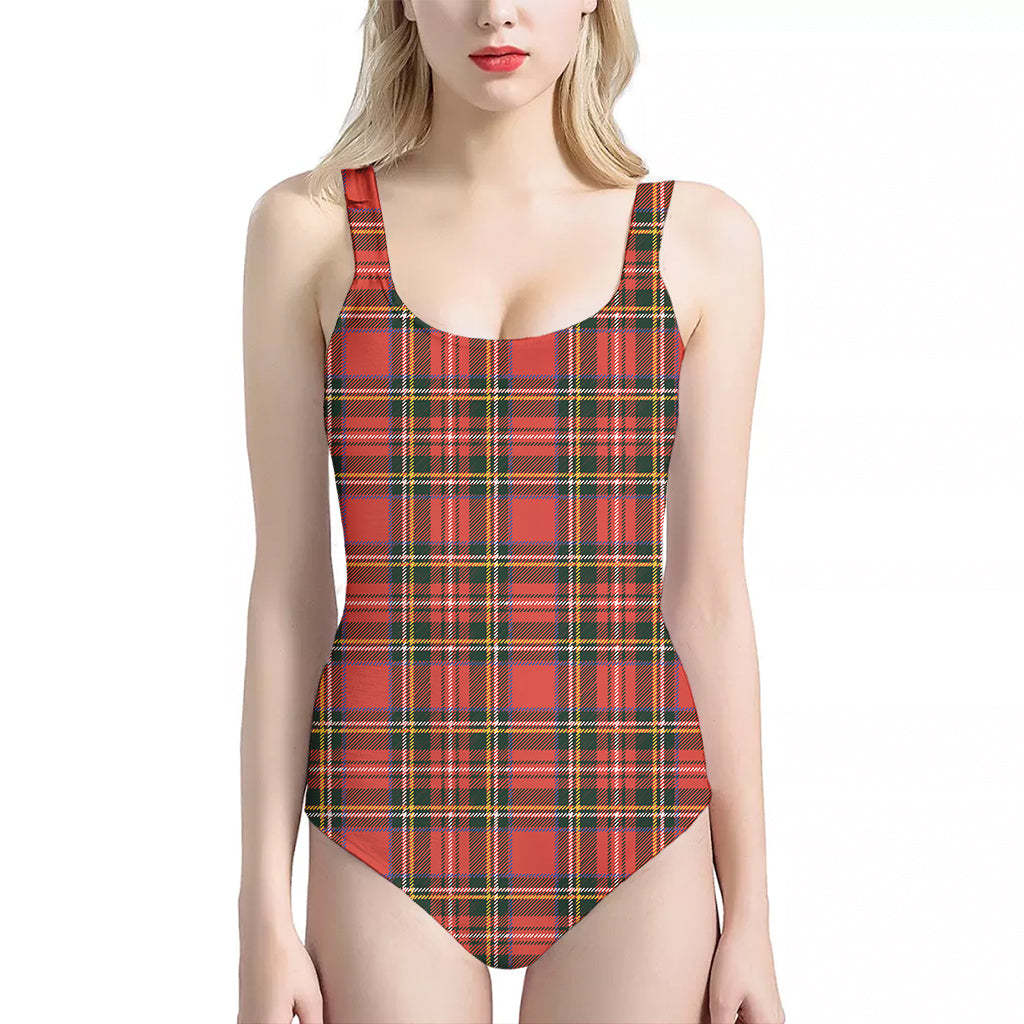 Red And Green Scottish Tartan Print One Piece Halter Neck Swimsuit