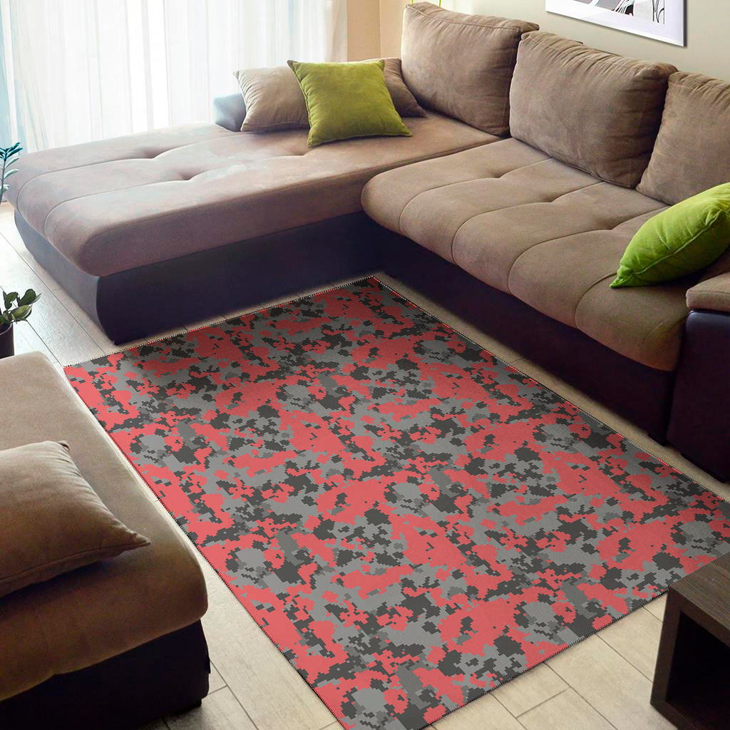 Red And Grey Digital Camo Pattern Print Area Rug