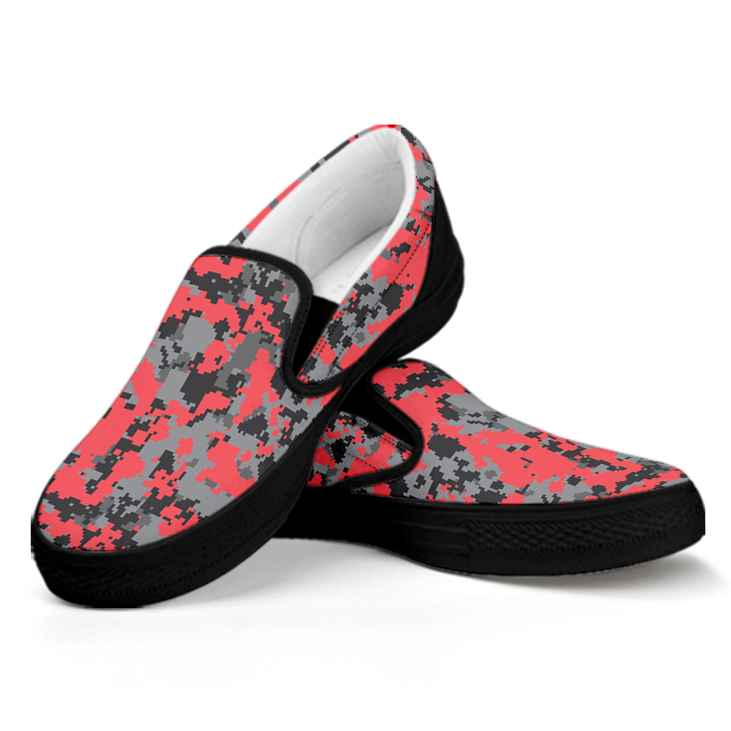 Red And Grey Digital Camo Pattern Print Black Slip On Shoes