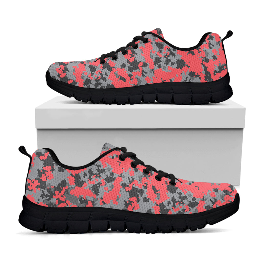 Red And Grey Digital Camo Pattern Print Black Sneakers