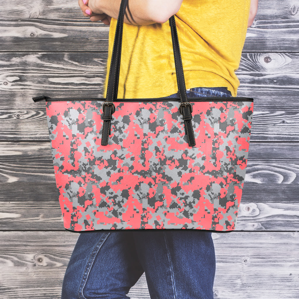 Red And Grey Digital Camo Pattern Print Leather Tote Bag