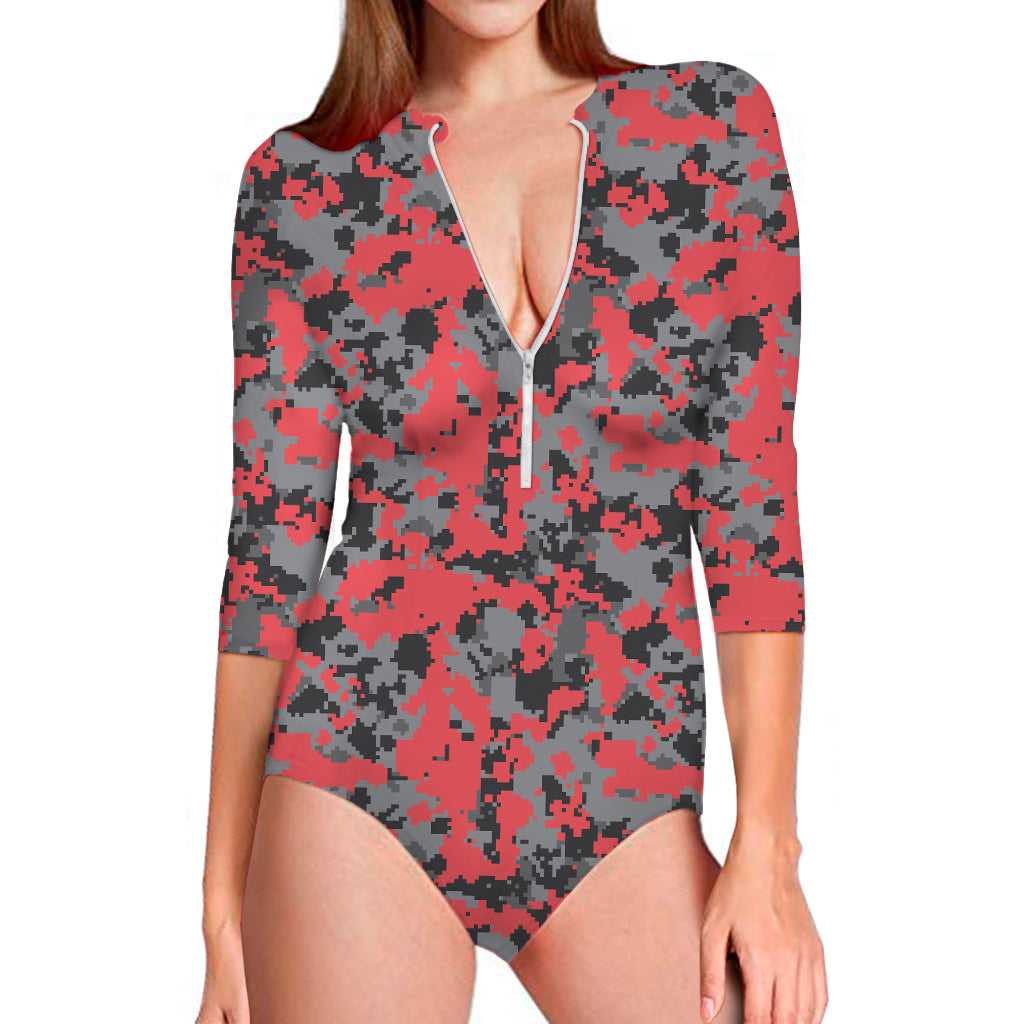 Red And Grey Digital Camo Pattern Print Long Sleeve One Piece Swimsuit