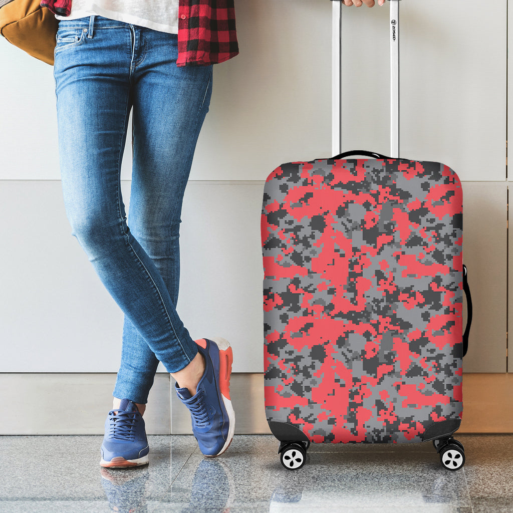 Red And Grey Digital Camo Pattern Print Luggage Cover