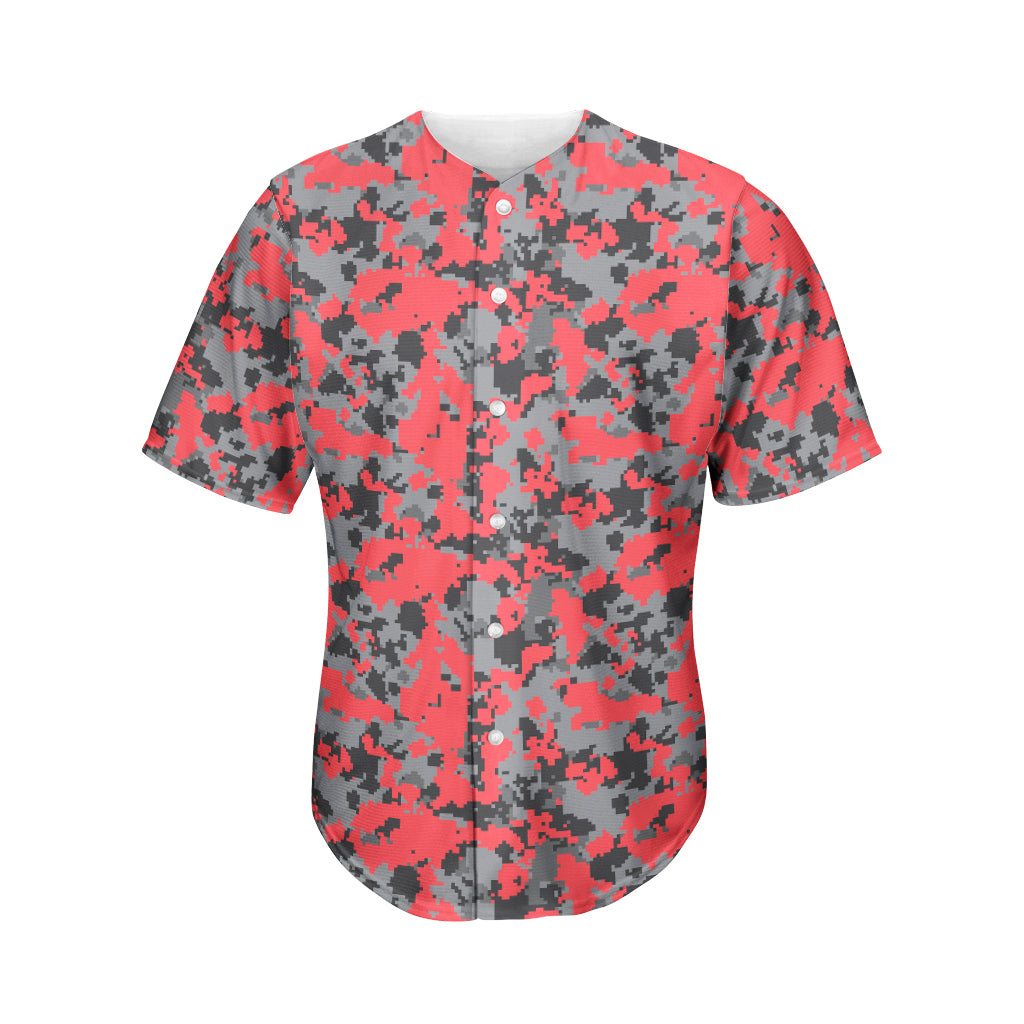 Red And Grey Digital Camo Pattern Print Men's Baseball Jersey