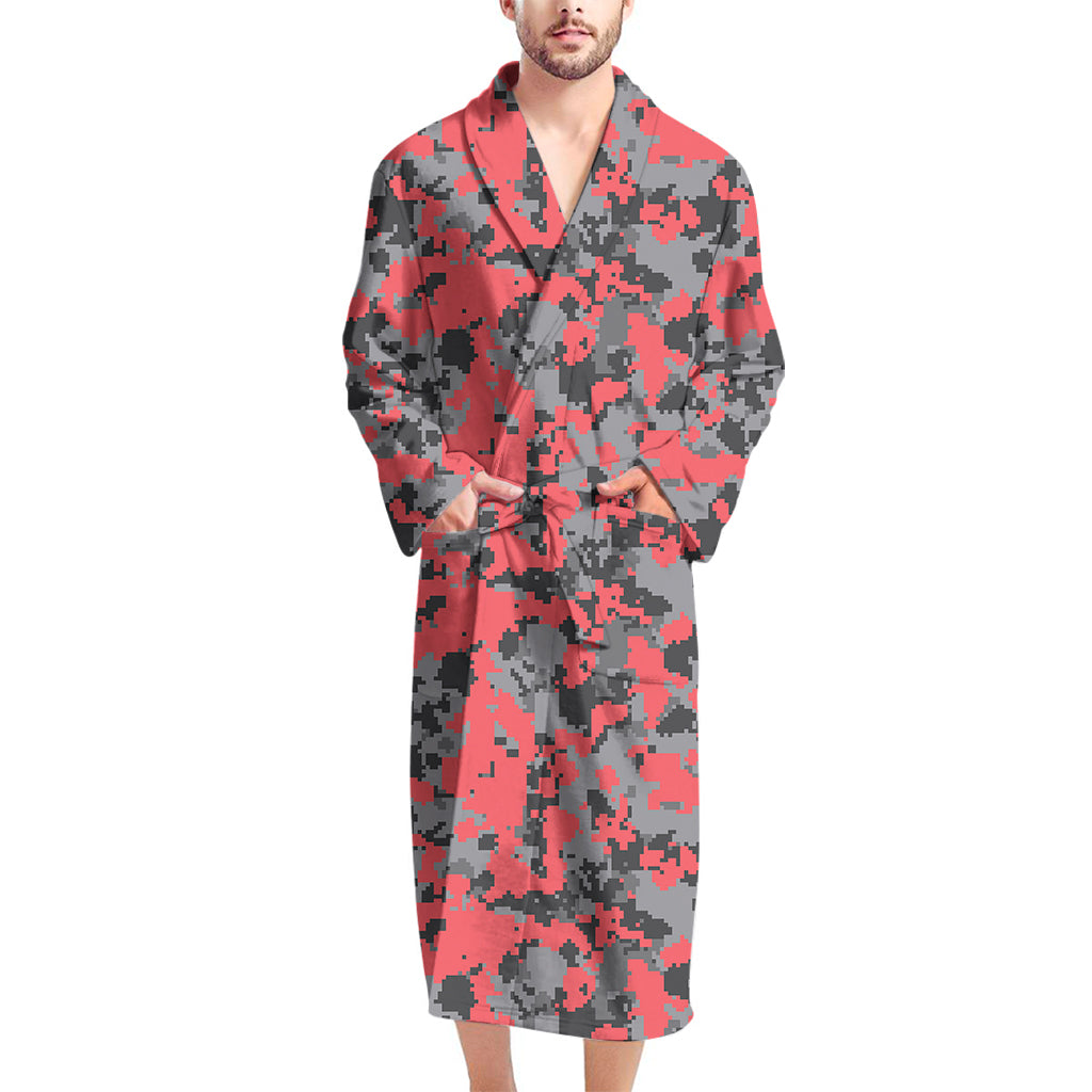 Red And Grey Digital Camo Pattern Print Men's Bathrobe