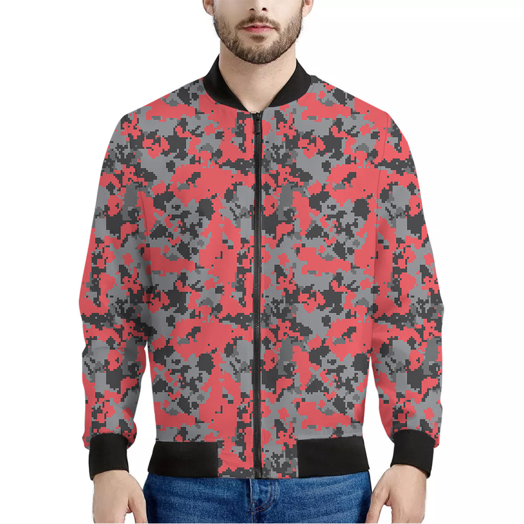 Red And Grey Digital Camo Pattern Print Men's Bomber Jacket