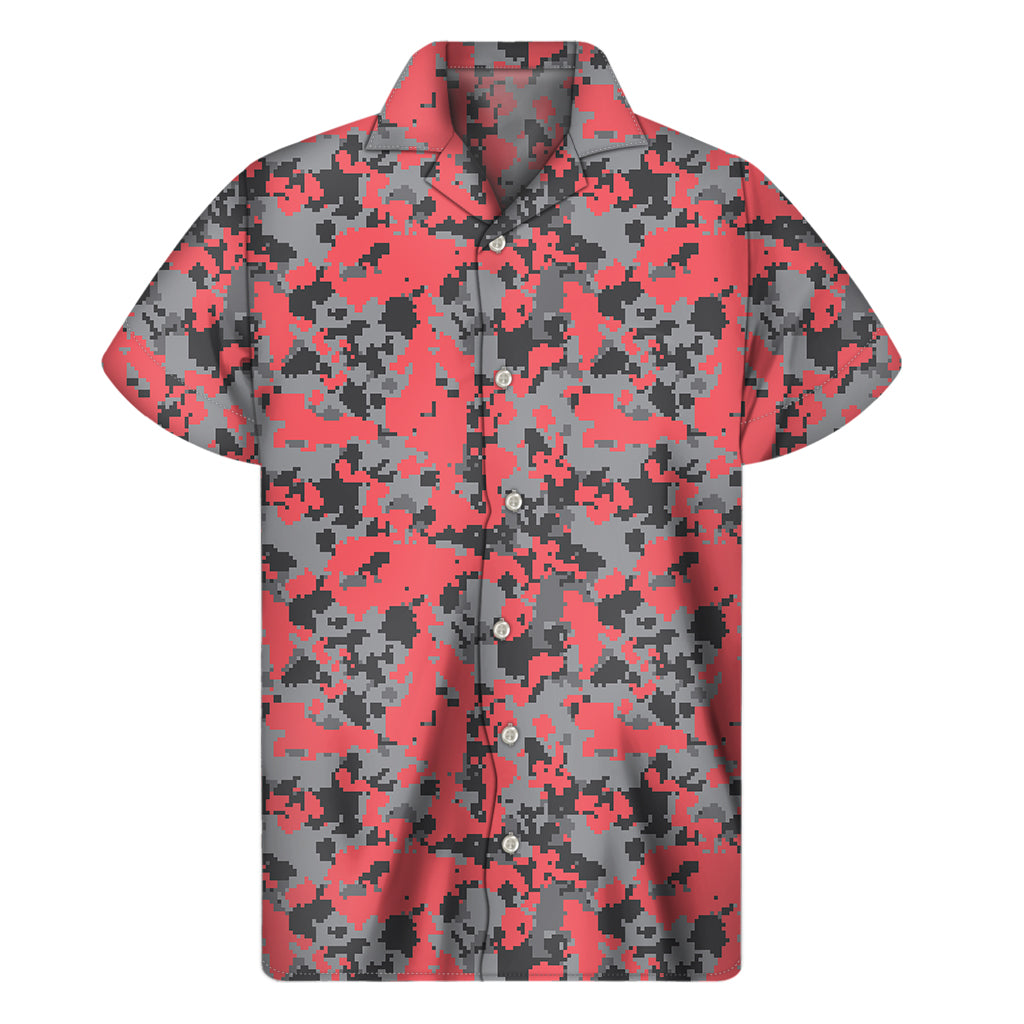 Red And Grey Digital Camo Pattern Print Men's Short Sleeve Shirt