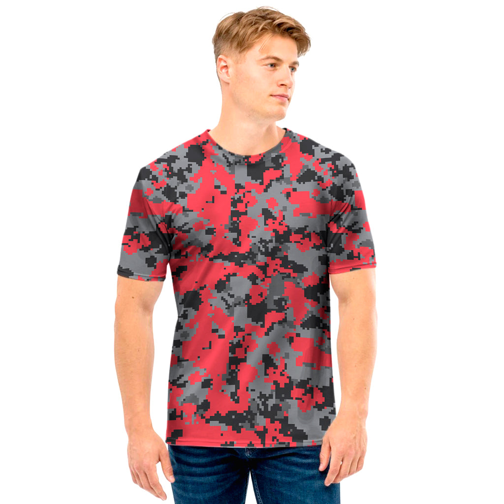Red And Grey Digital Camo Pattern Print Men's T-Shirt