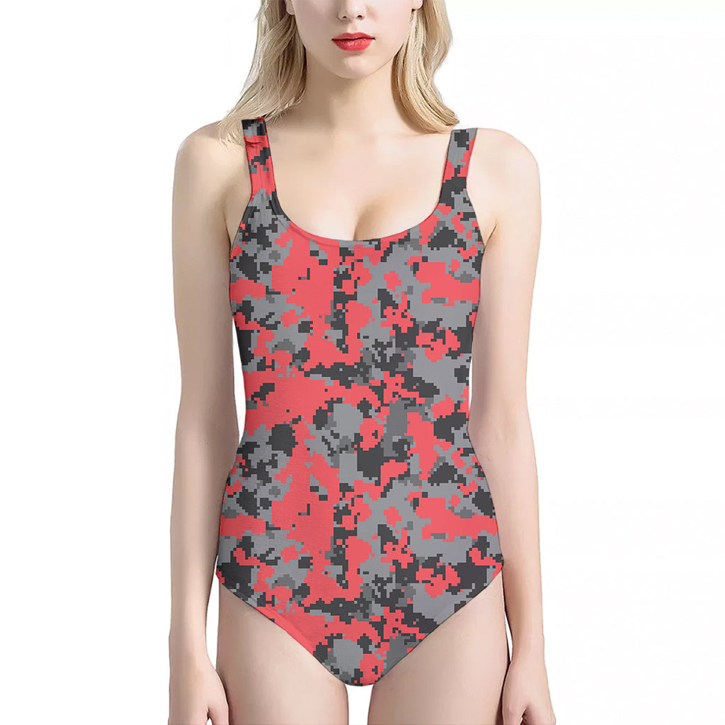 Red And Grey Digital Camo Pattern Print One Piece Halter Neck Swimsuit