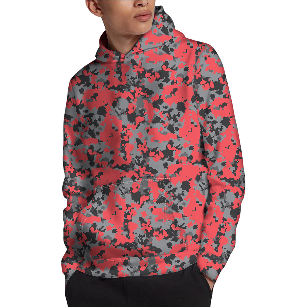 Red And Grey Digital Camo Pattern Print Pullover Hoodie
