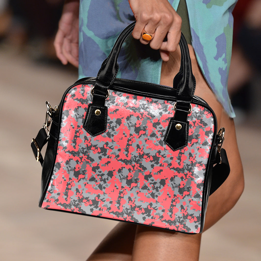 Red And Grey Digital Camo Pattern Print Shoulder Handbag