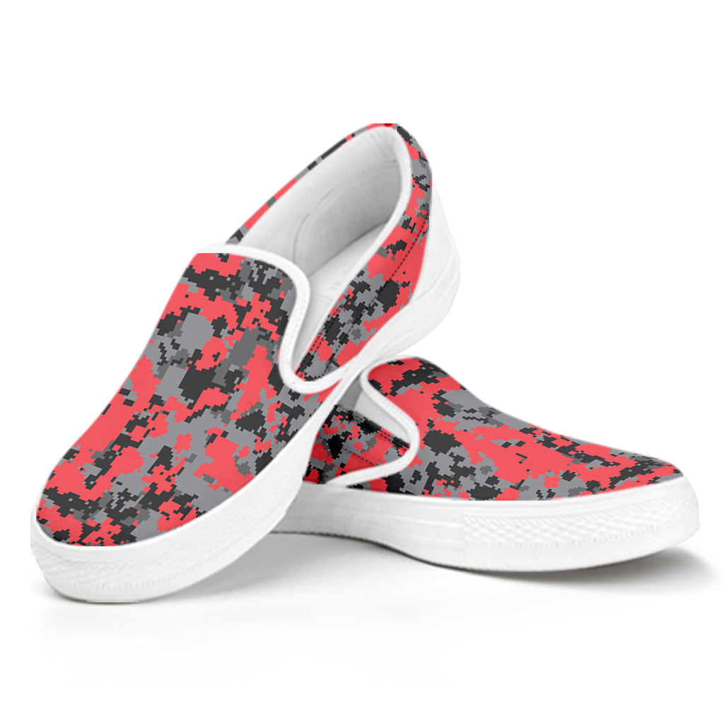 Red And Grey Digital Camo Pattern Print White Slip On Shoes