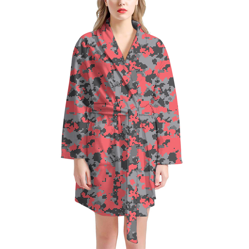 Red And Grey Digital Camo Pattern Print Women's Bathrobe