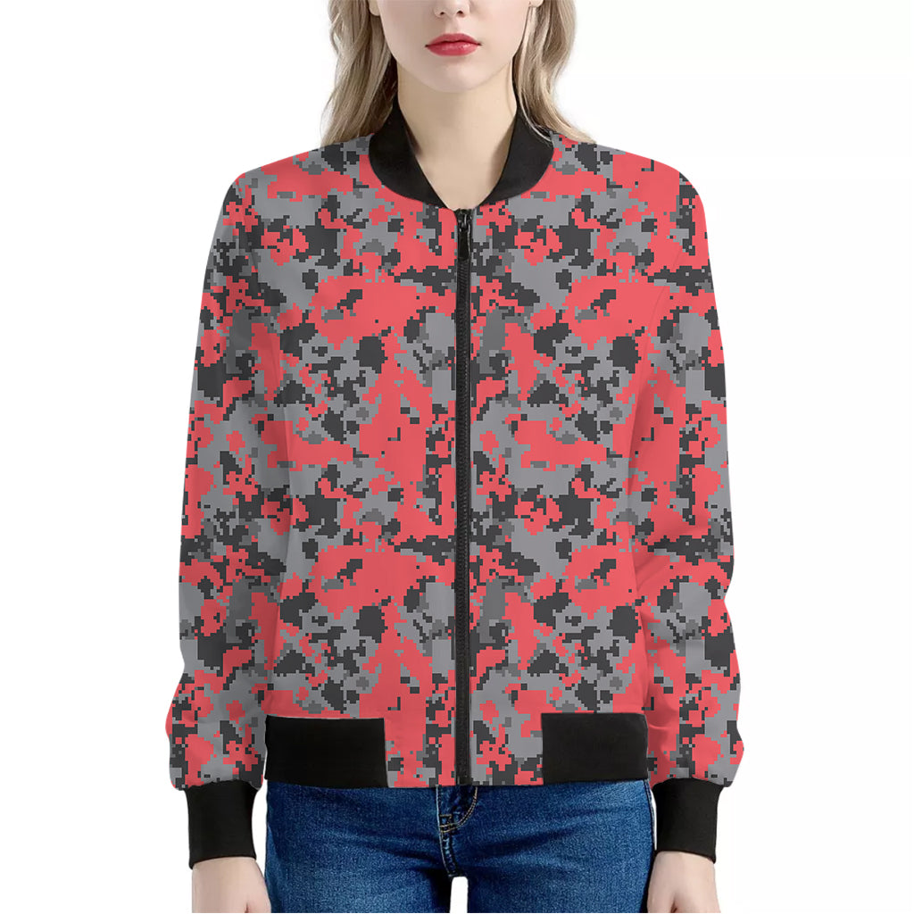 Red And Grey Digital Camo Pattern Print Women's Bomber Jacket