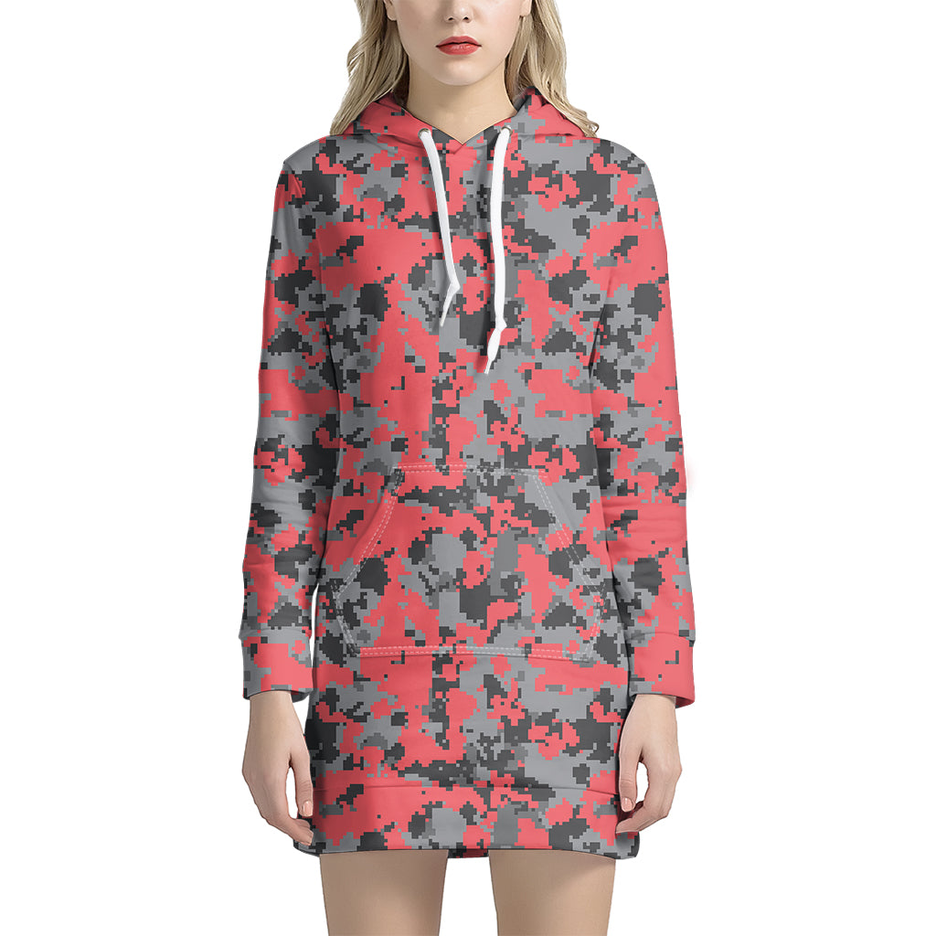 Red And Grey Digital Camo Pattern Print Women's Pullover Hoodie Dress