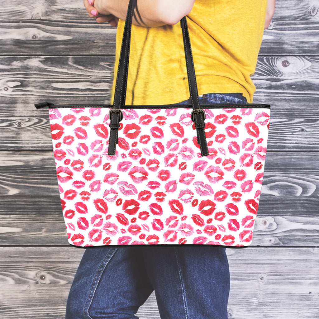 Red And Pink Lips Pattern Print Leather Tote Bag