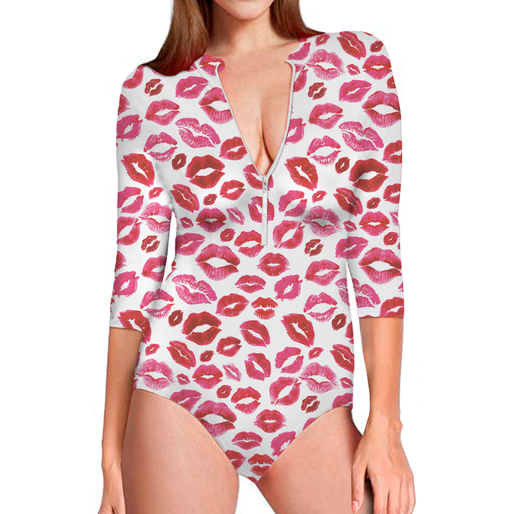 Red And Pink Lips Pattern Print Long Sleeve One Piece Swimsuit