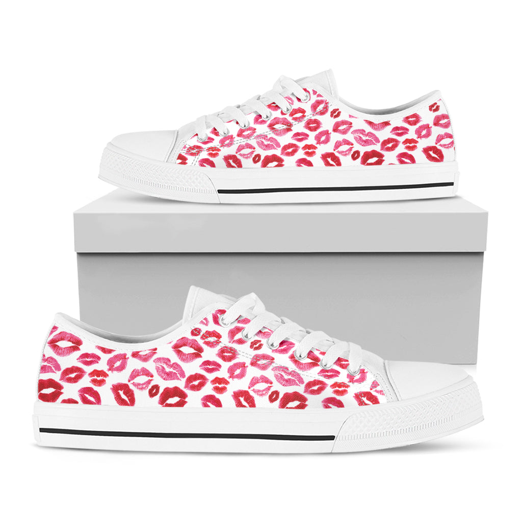 Red And Pink Lips Pattern Print White Low Top Shoes