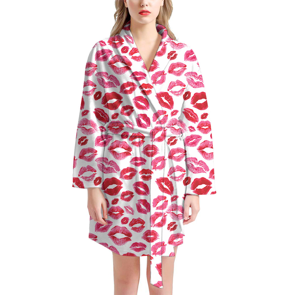 Red And Pink Lips Pattern Print Women's Bathrobe