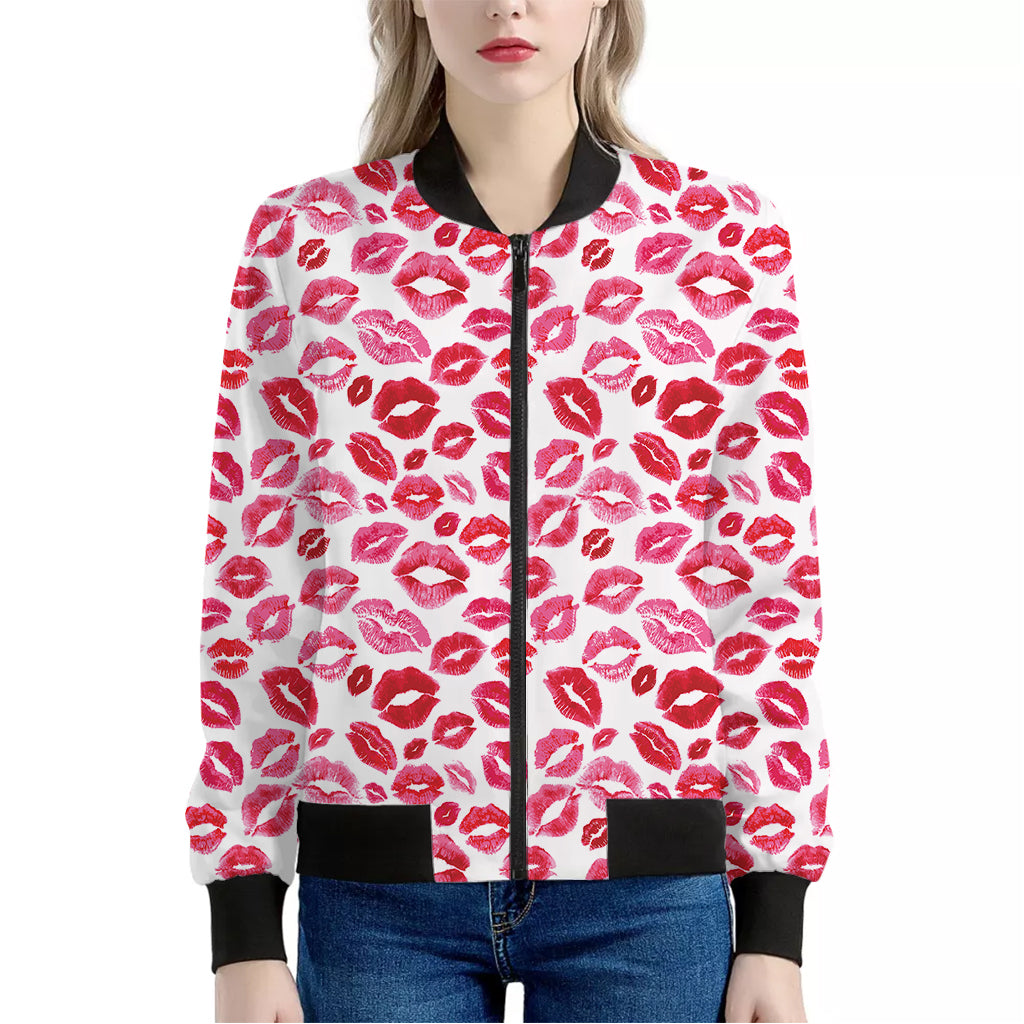 Red And Pink Lips Pattern Print Women's Bomber Jacket