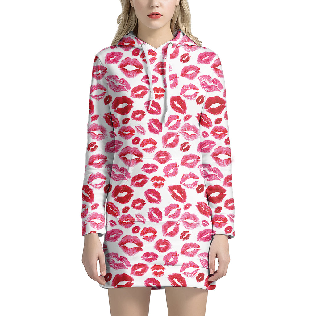 Red And Pink Lips Pattern Print Women's Pullover Hoodie Dress