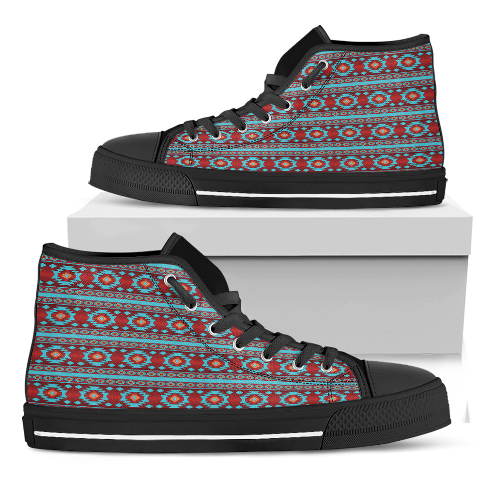 Red And Teal Southwestern Pattern Print Black High Top Shoes