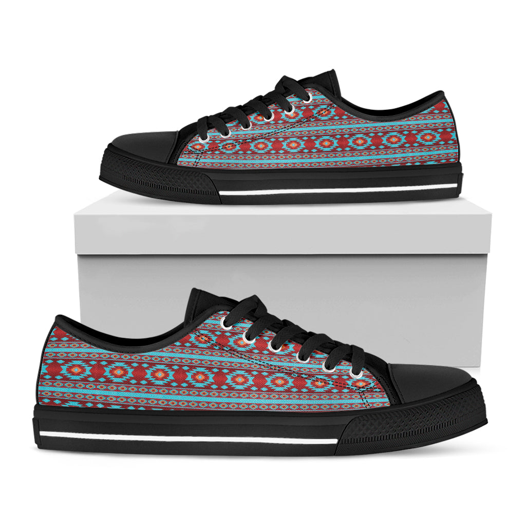 Red And Teal Southwestern Pattern Print Black Low Top Shoes