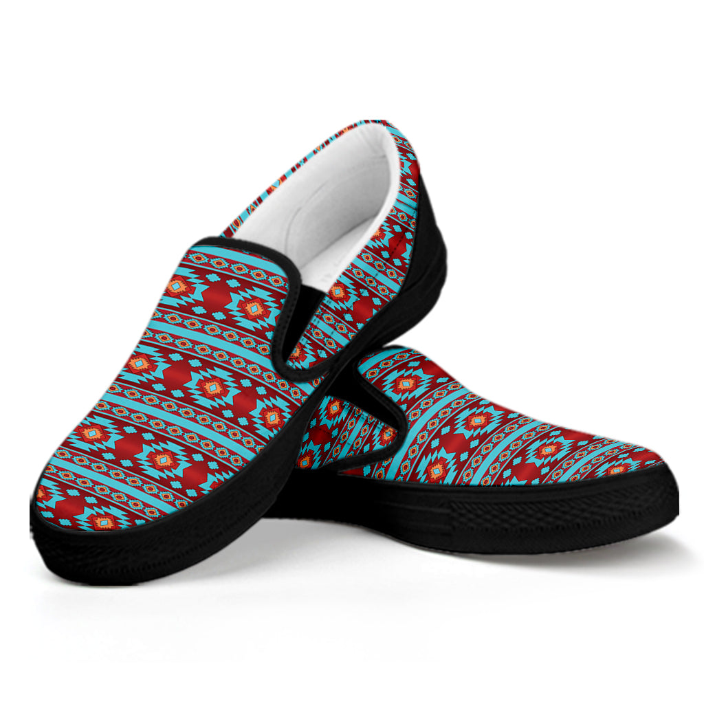 Red And Teal Southwestern Pattern Print Black Slip On Shoes