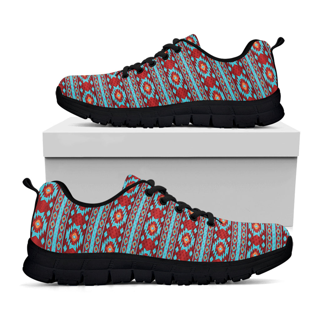 Red And Teal Southwestern Pattern Print Black Sneakers