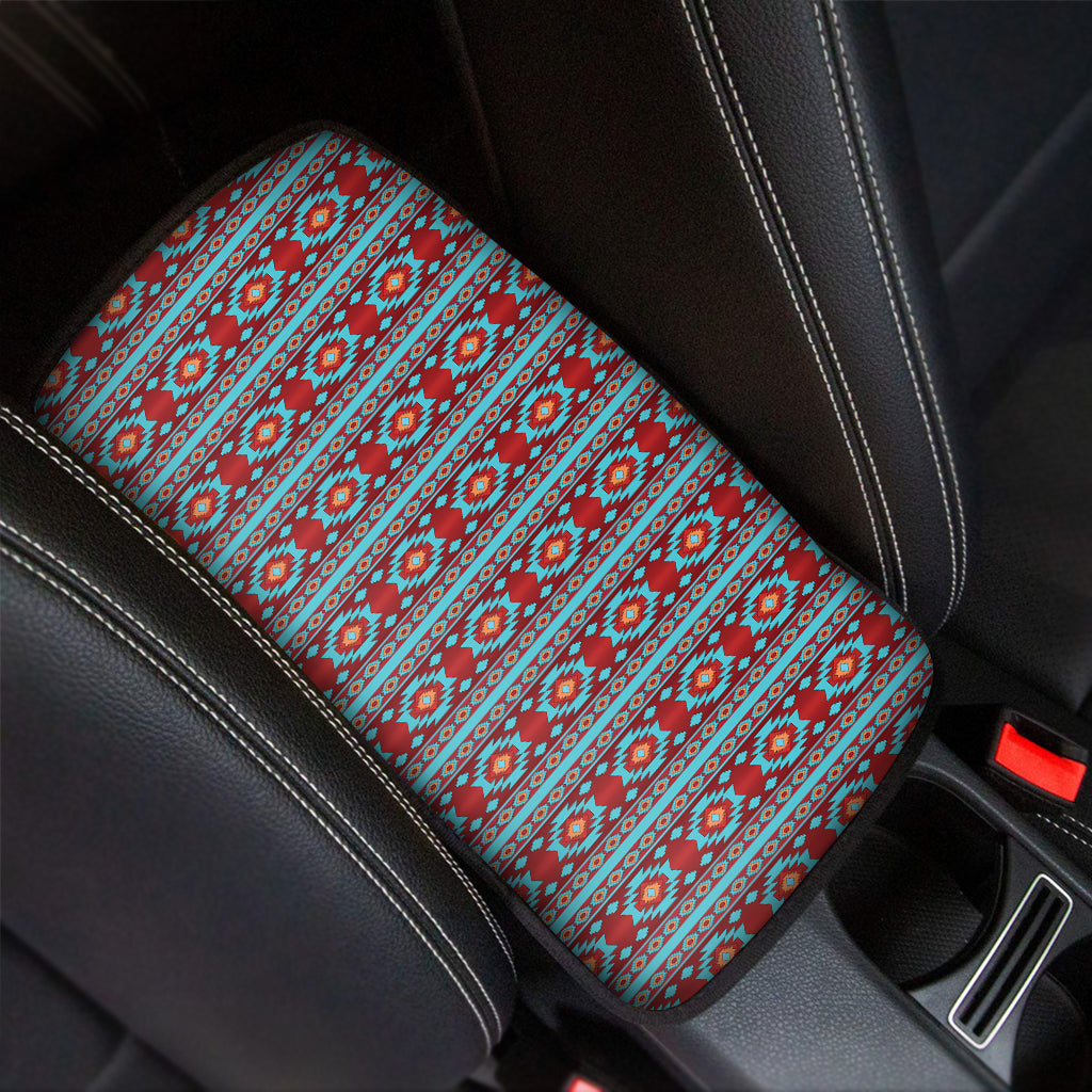 Red And Teal Southwestern Pattern Print Car Center Console Cover