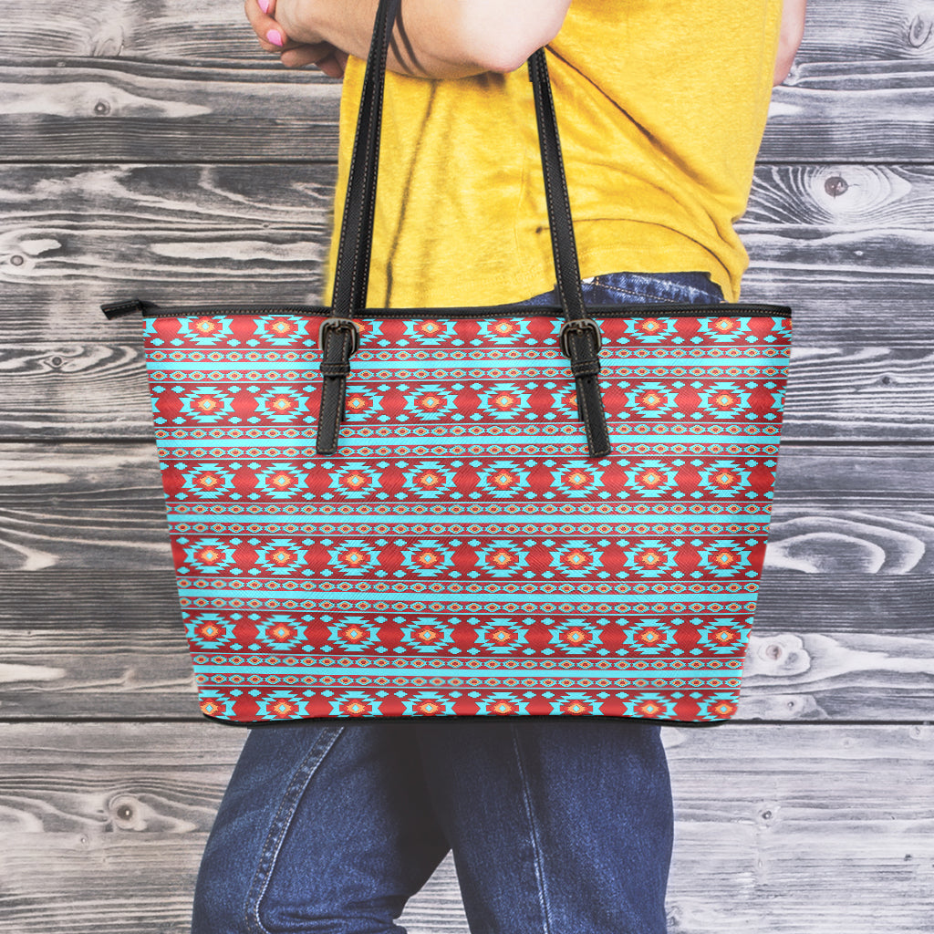 Red And Teal Southwestern Pattern Print Leather Tote Bag