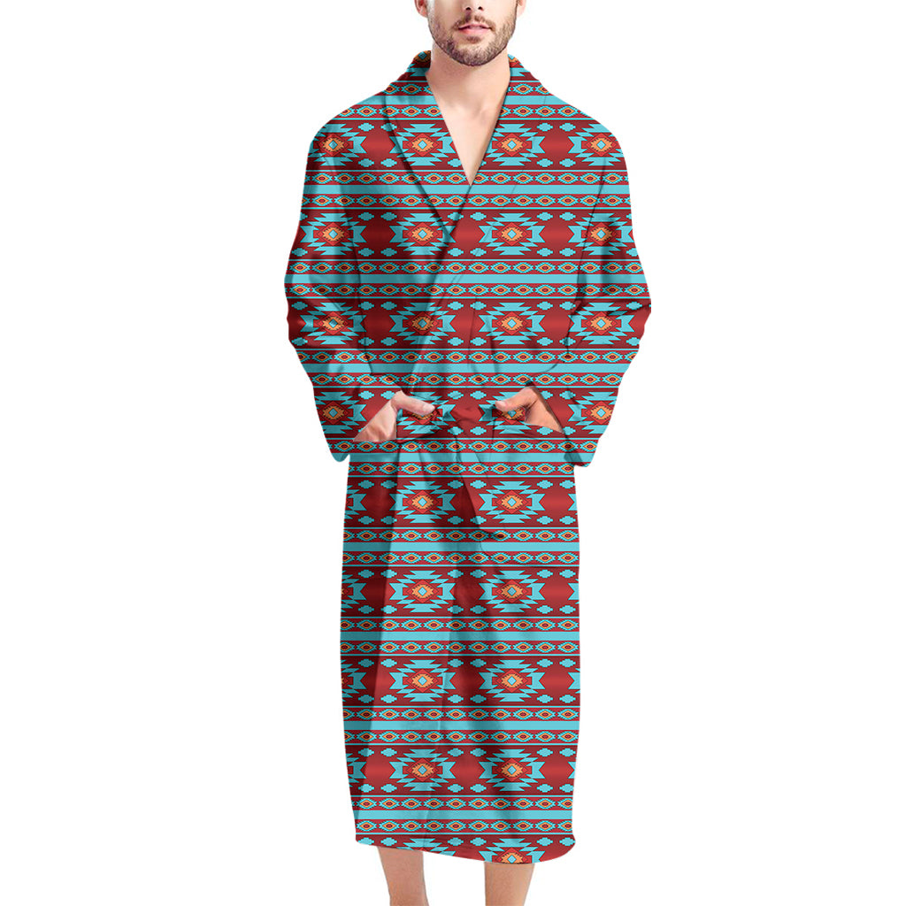 Red And Teal Southwestern Pattern Print Men's Bathrobe