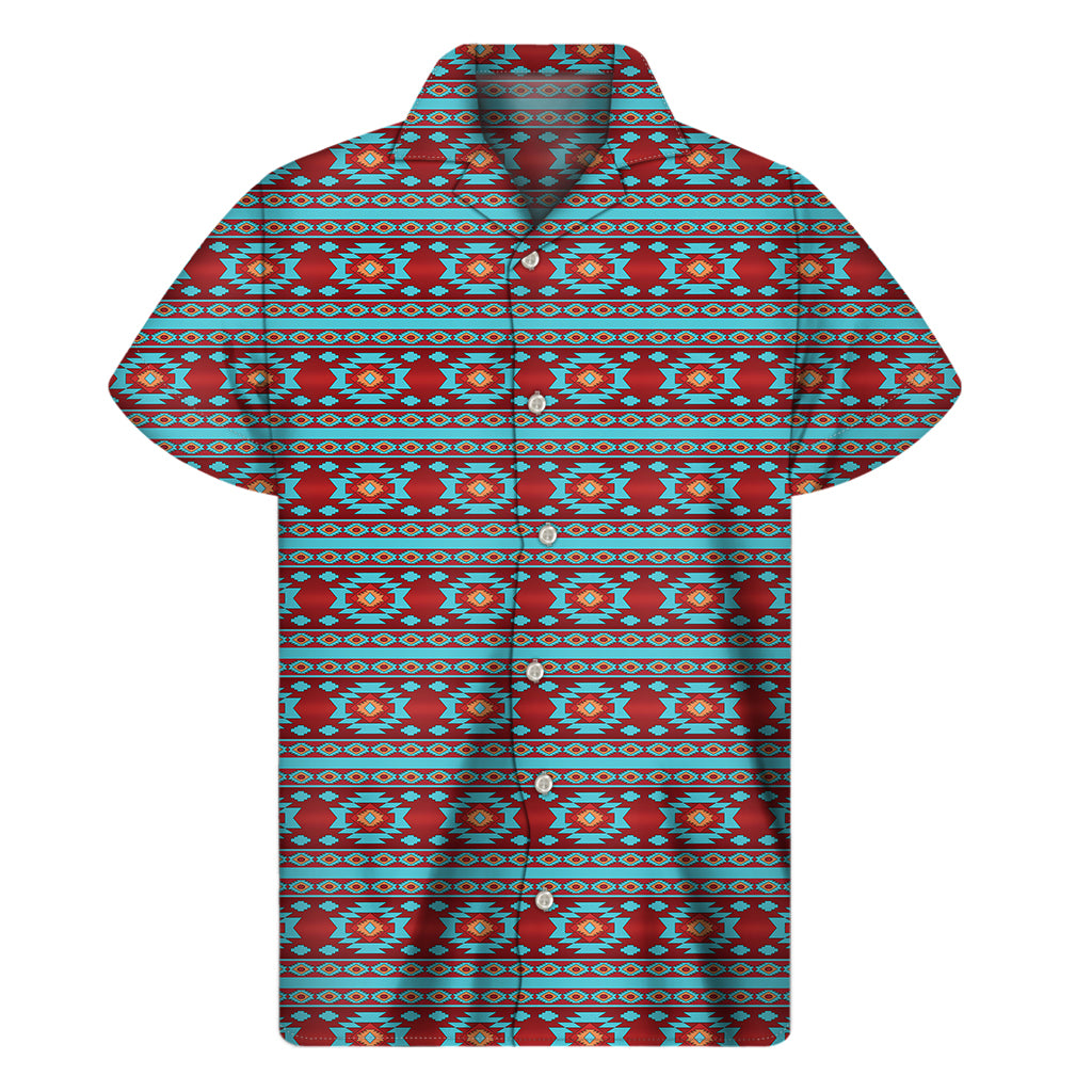 Red And Teal Southwestern Pattern Print Men's Short Sleeve Shirt