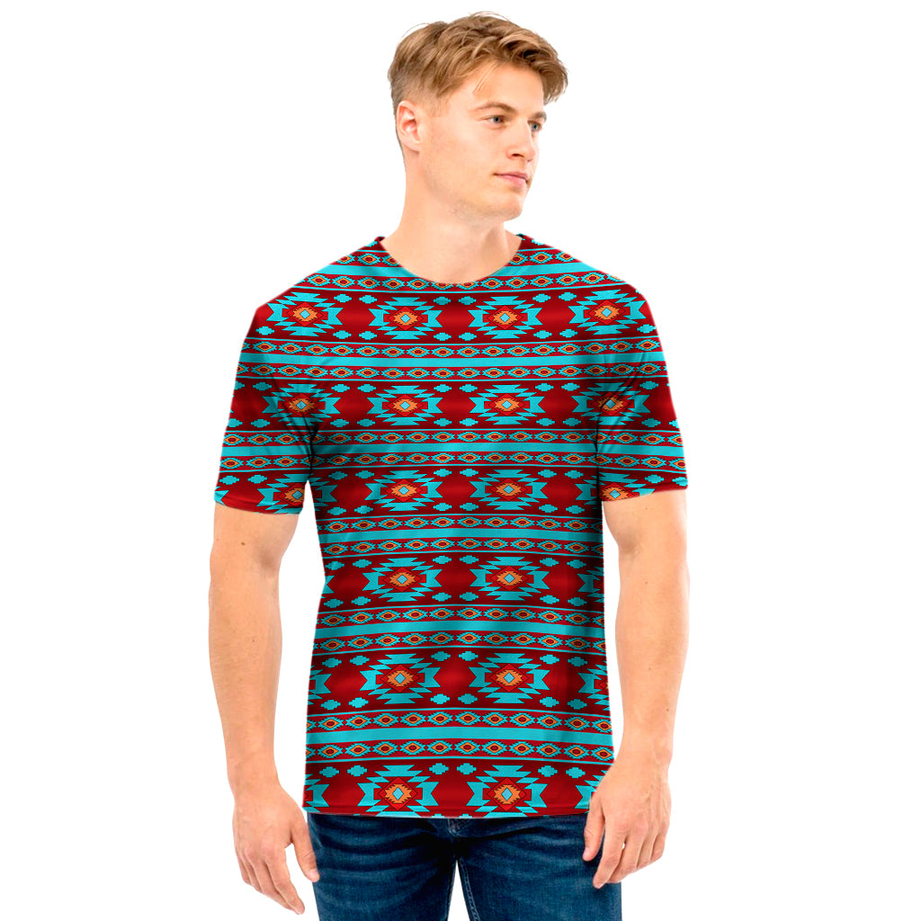 Red And Teal Southwestern Pattern Print Men's T-Shirt