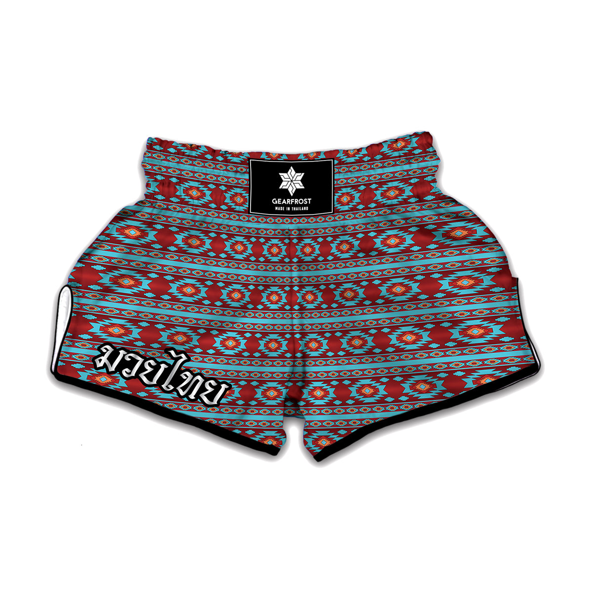 Red And Teal Southwestern Pattern Print Muay Thai Boxing Shorts