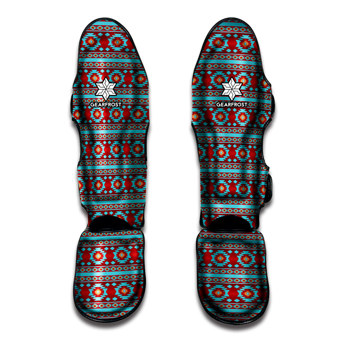 Red And Teal Southwestern Pattern Print Muay Thai Shin Guards