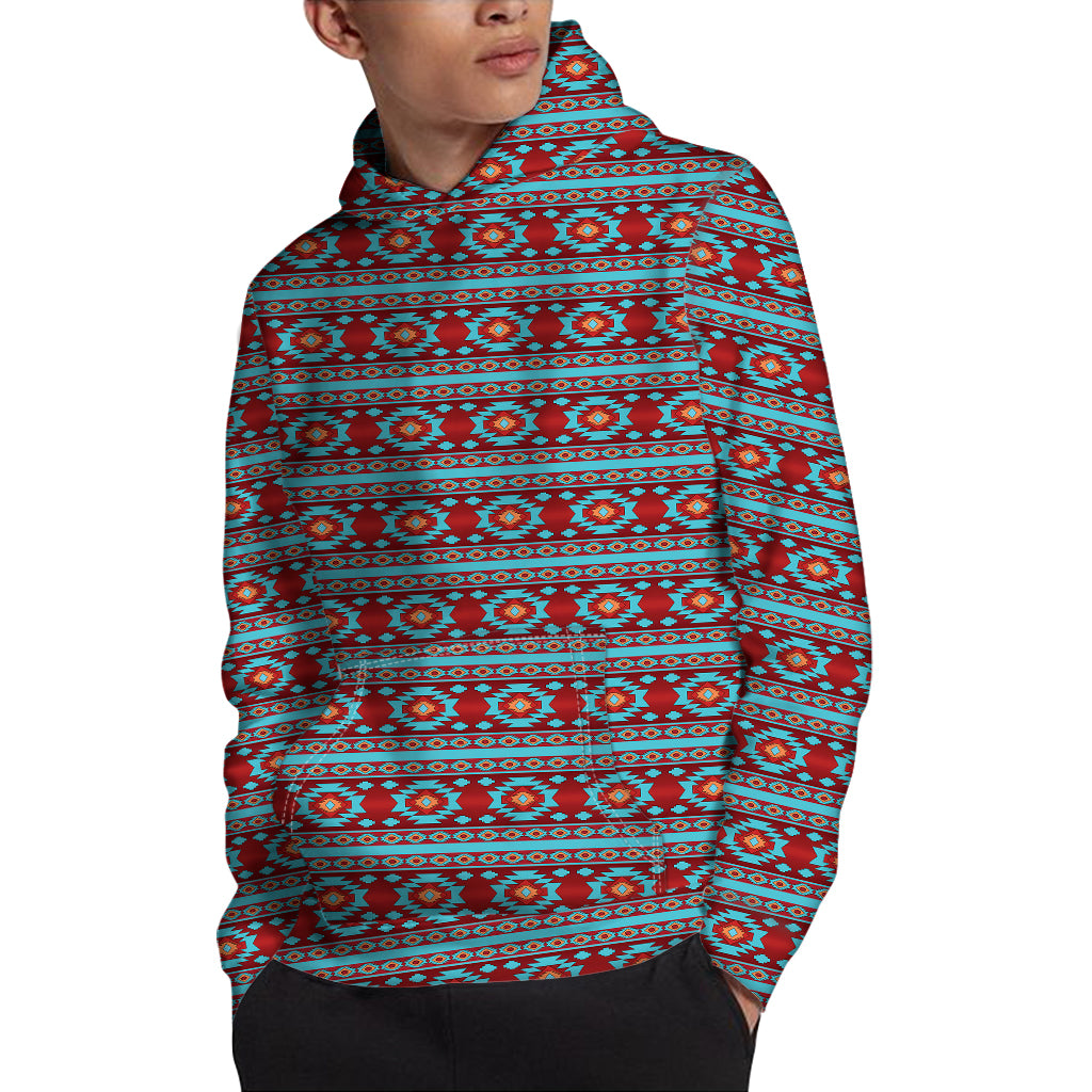 Red And Teal Southwestern Pattern Print Pullover Hoodie