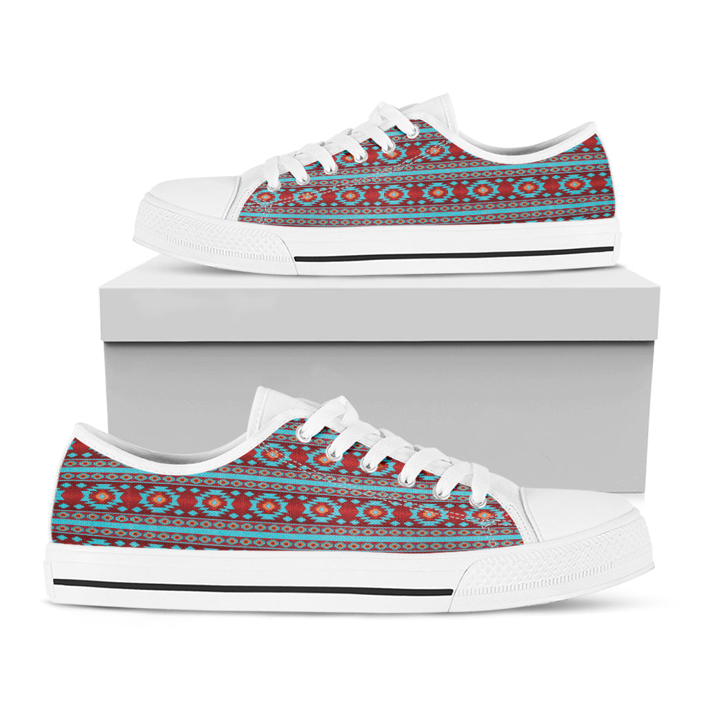 Red And Teal Southwestern Pattern Print White Low Top Shoes