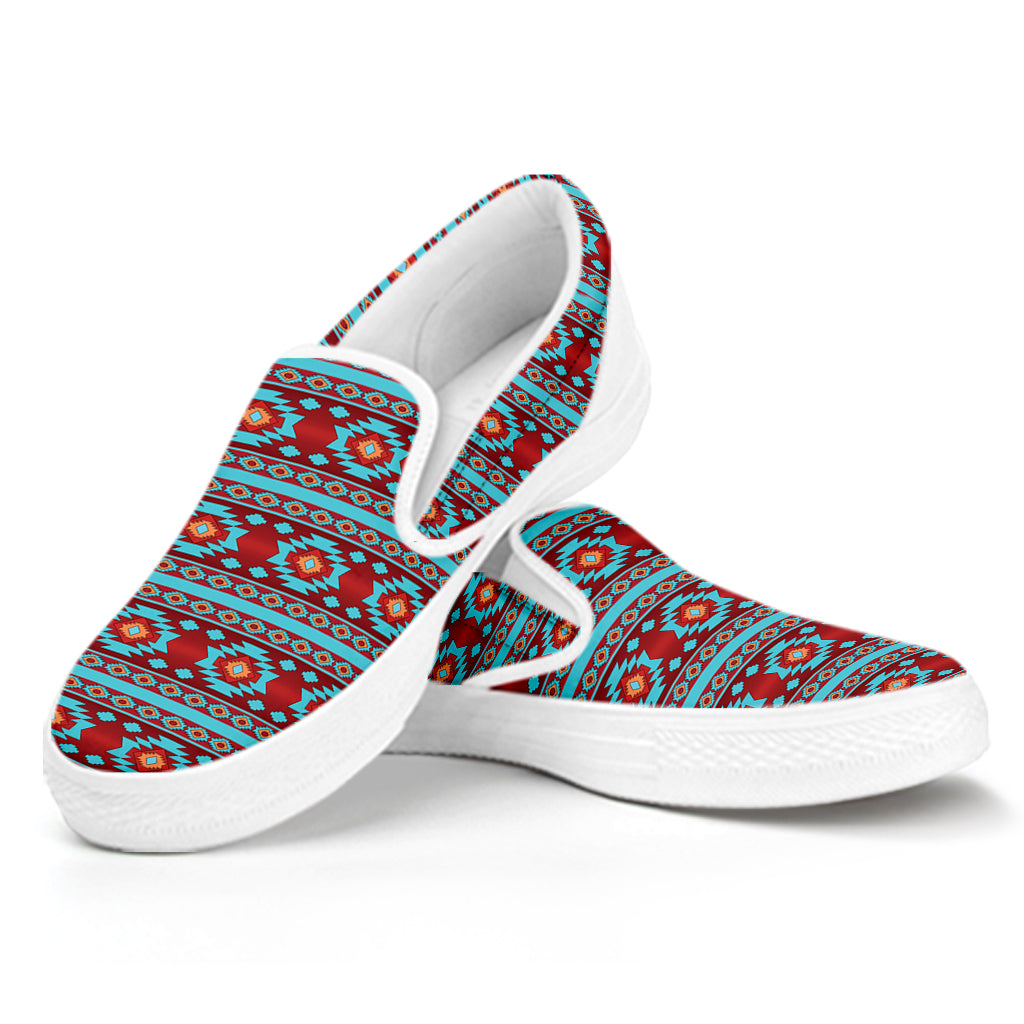 Red And Teal Southwestern Pattern Print White Slip On Shoes