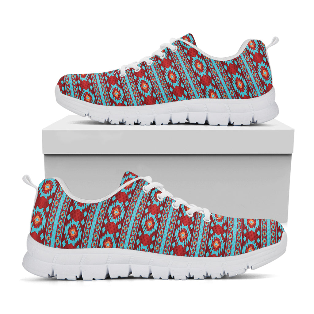 Red And Teal Southwestern Pattern Print White Sneakers