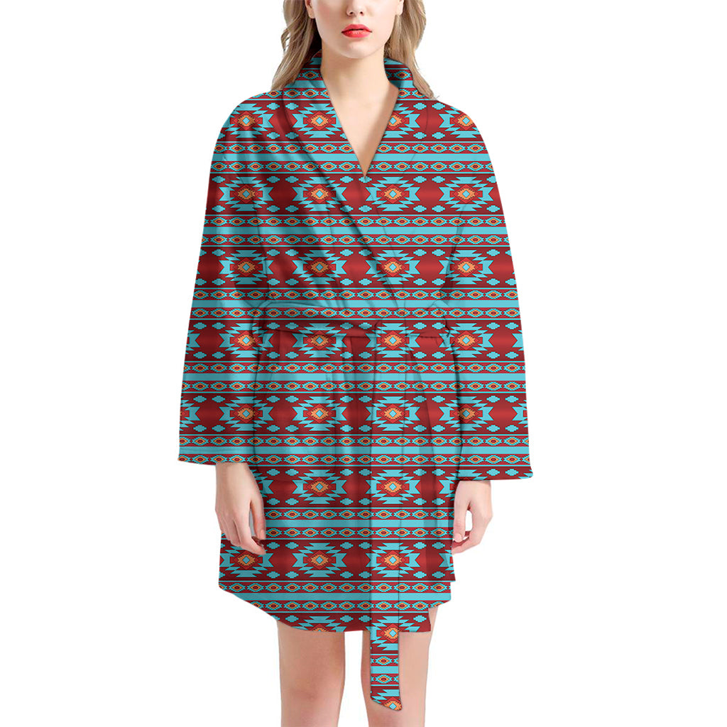 Red And Teal Southwestern Pattern Print Women's Bathrobe