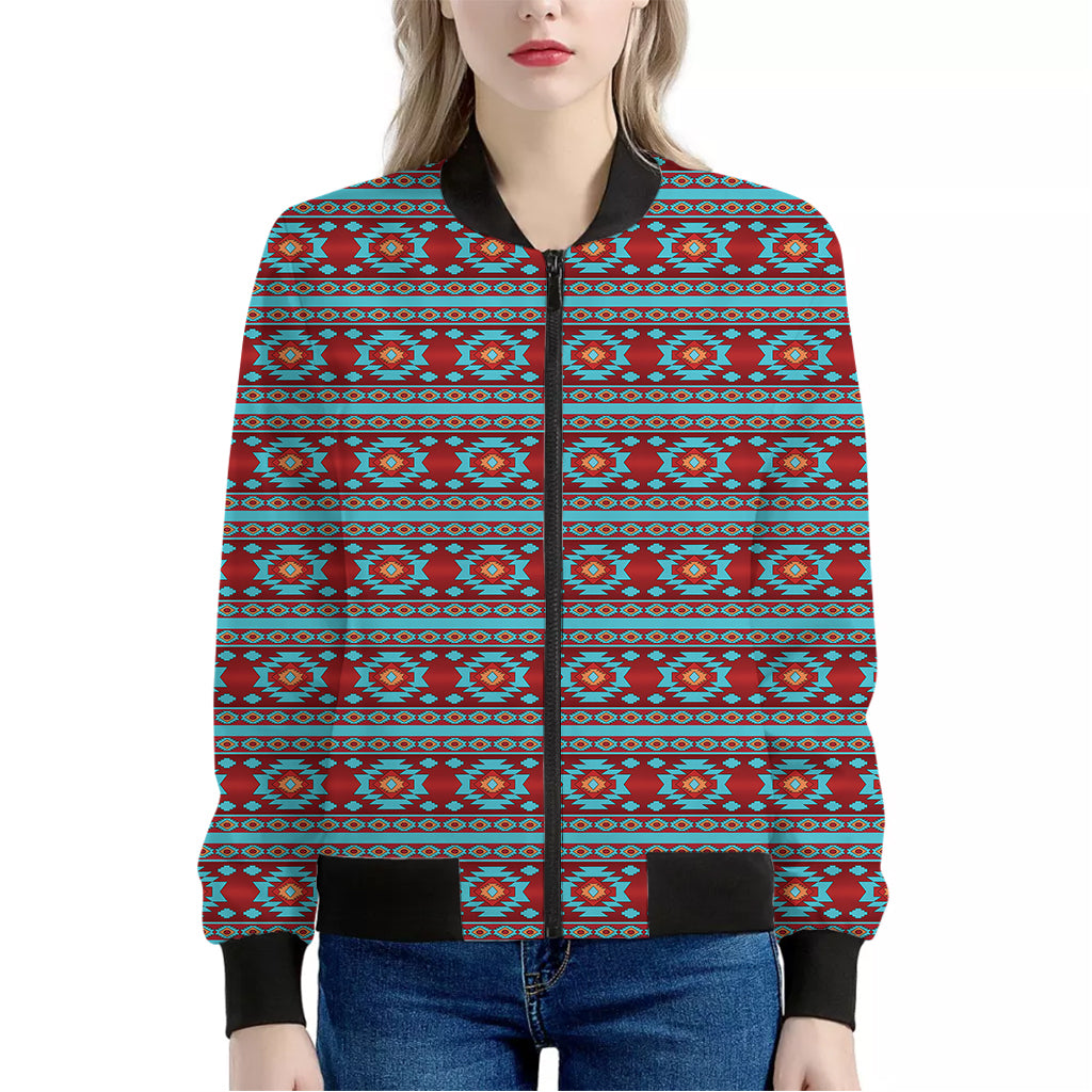 Red And Teal Southwestern Pattern Print Women's Bomber Jacket