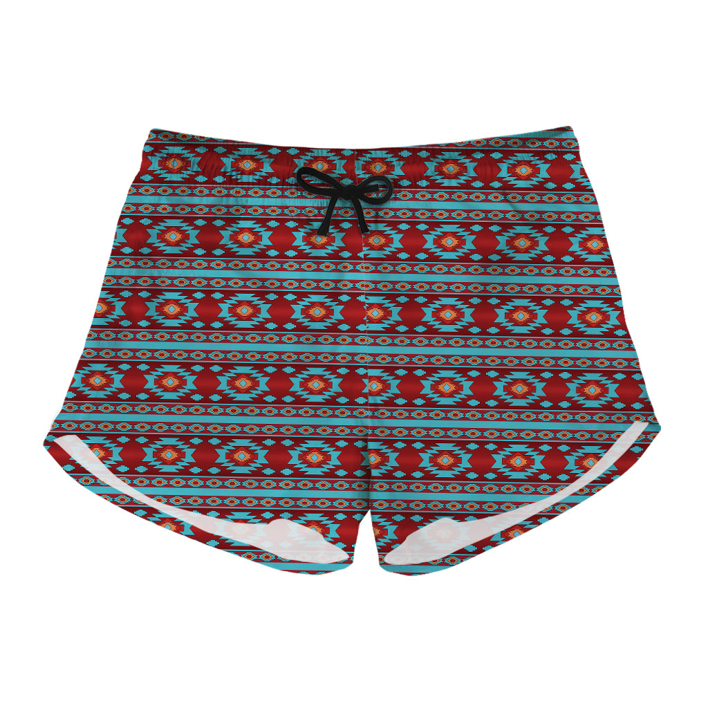 Red And Teal Southwestern Pattern Print Women's Shorts