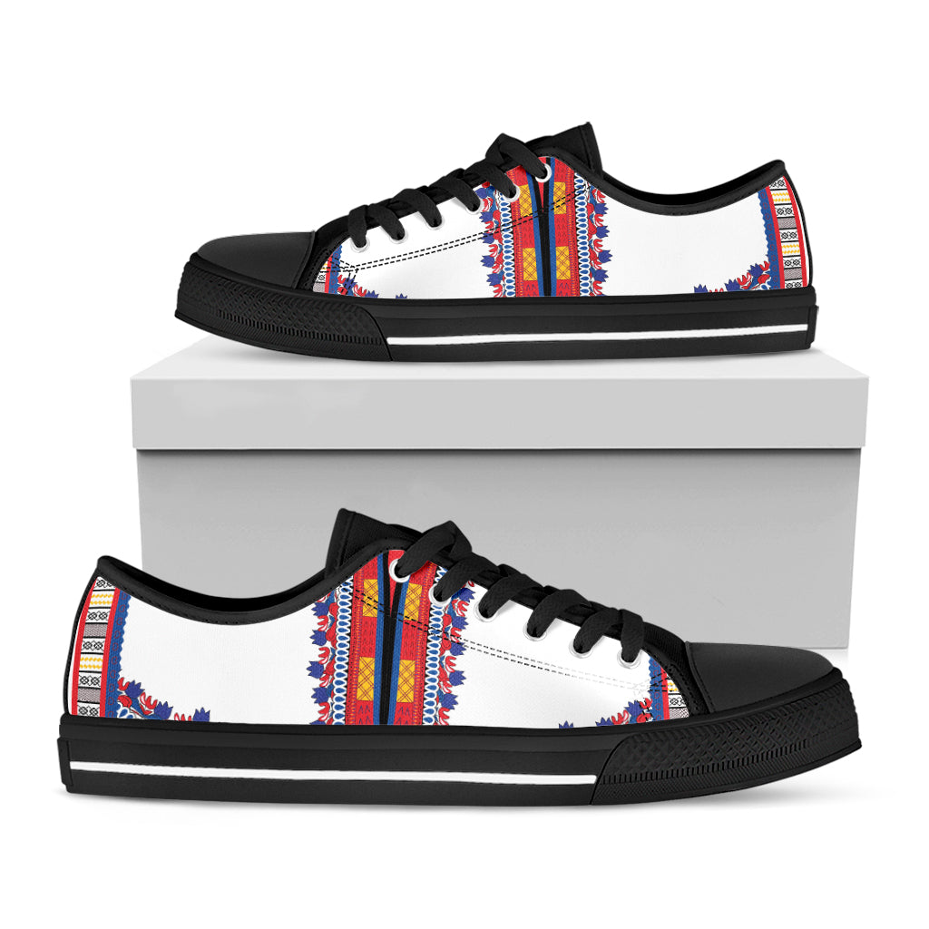 Red And White African Dashiki Print Black Low Top Shoes