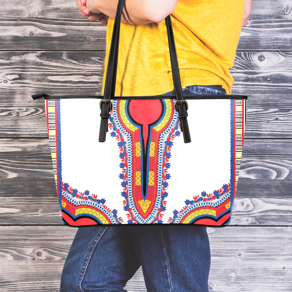 Red And White African Dashiki Print Leather Tote Bag