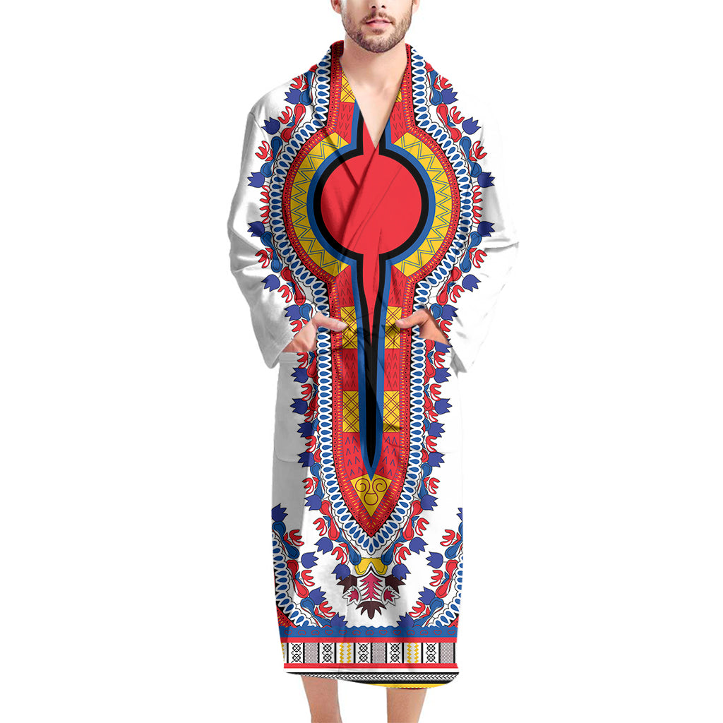 Red And White African Dashiki Print Men's Bathrobe