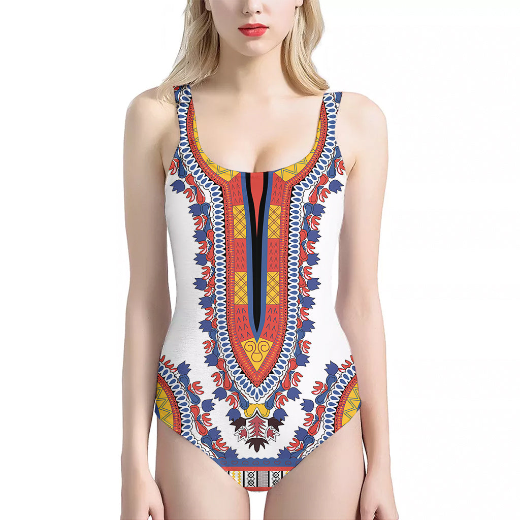 Red And White African Dashiki Print One Piece Halter Neck Swimsuit