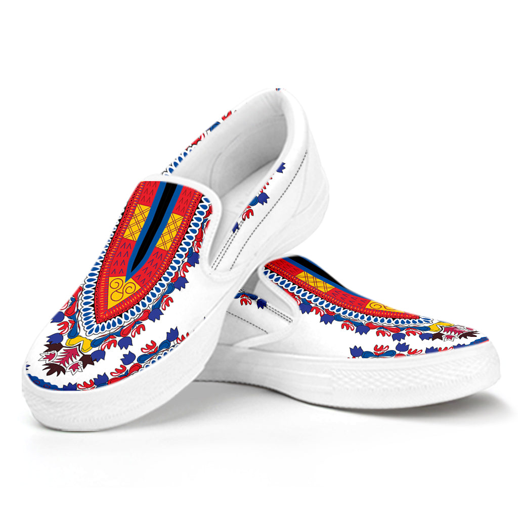 Red And White African Dashiki Print White Slip On Shoes